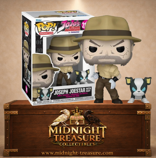 Funko Pop! Animation N°2146 – Joseph Joestar with Iggy – JoJo’s Bizarre Adventure. Figurine Joseph avec chapeau accompagné du chien Iggy.