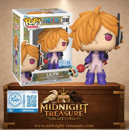 Funko Pop! One Piece N°2149 – Lilith tenant son Bubble Gun sur l'île futuriste d'Egghead inspirée de l'arc du Dr Vegapunk.