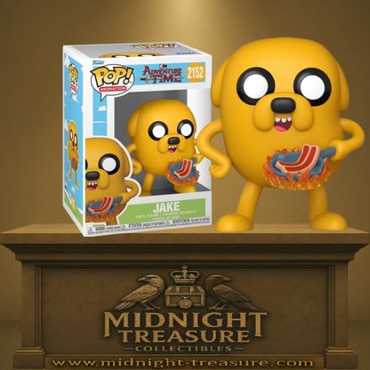Funko Pop! Adventure Time – Jake (N°2152). Chien magique jaune tenant une poêle de bacon fumant, personnage emblématique de la série animée.