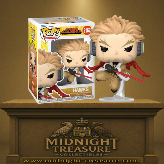 Funko Pop! My Hero Academia – Hawks – Arc final (N°2162). Hawks en posture de combat avec plume-lame rouge, version inspirée de l’affrontement contre All For One.