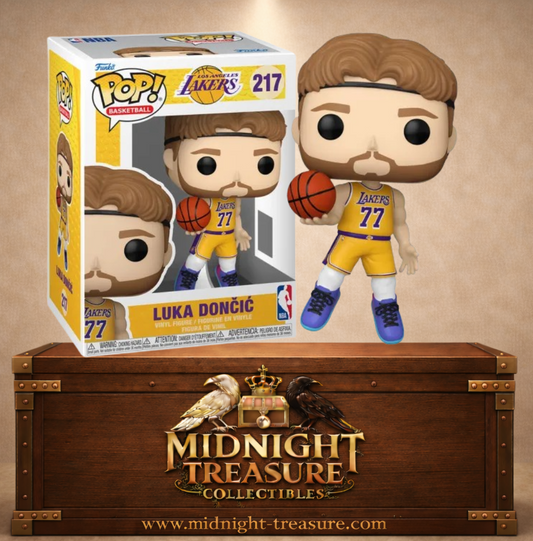 Funko Pop! NBA N°217 – Luka Dončić avec maillot jaune des Los Angeles Lakers et ballon de basketball.