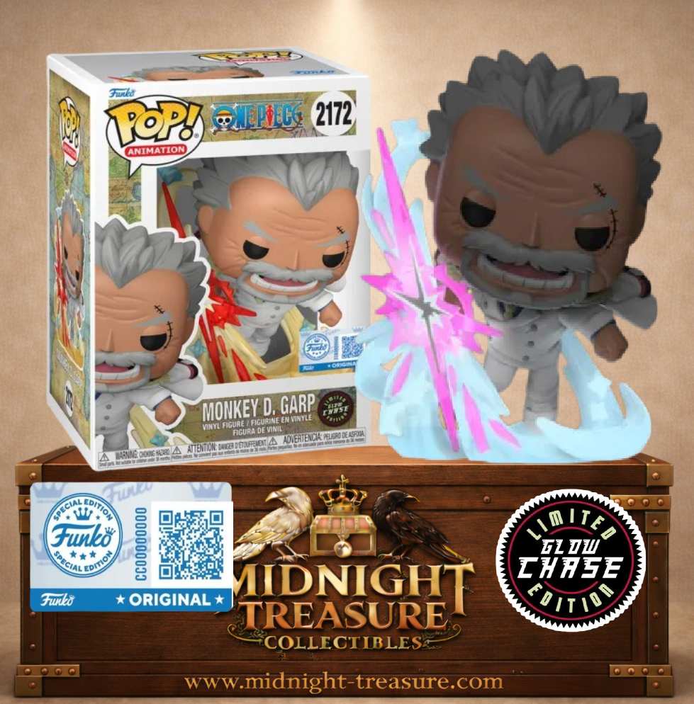 Funko Pop! One Piece N°2172 – Monkey D. Garp Chase Edition réalisant l'attaque Galaxy Impact avec effets de Haki bleus et roses.