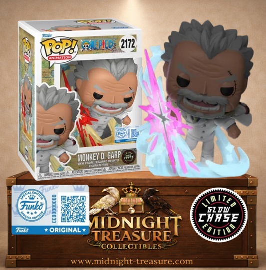 Funko Pop! One Piece N°2172 – Monkey D. Garp Chase Edition réalisant l'attaque Galaxy Impact avec effets de Haki bleus et roses.