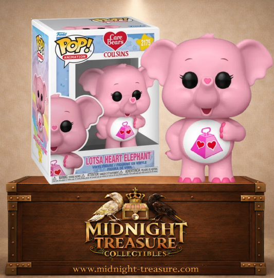 Funko Pop! Animation N°2175 – Lotsa Heart Elephant (Toucostaud l’Éléphant) – Care Bears Cousins. Figurine éléphant rose avec symbole de sac rempli de cœurs.
