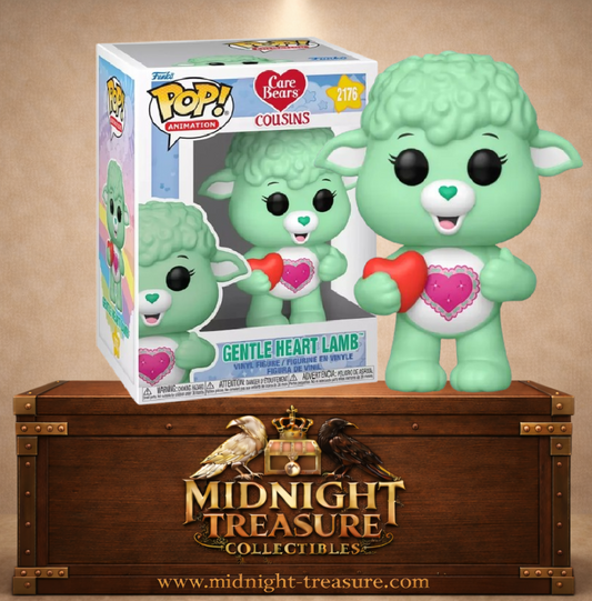 Funko Pop! Animation N°2176 – Gentle Heart Lamb (Agneau Cœur Tendre) – Care Bears Cousins. Figurine agneau vert tenant un cœur symbole de gentillesse et compassion.