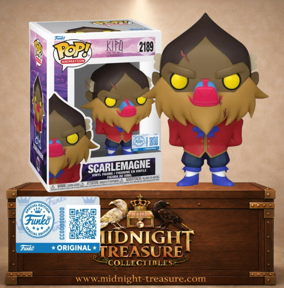 Funko Pop! Animation N°2189 – Scarlemagne – Kipo et l’Âge des animonstres. Figurine mandrill mutant avec tenue rouge et yeux jaunes.
