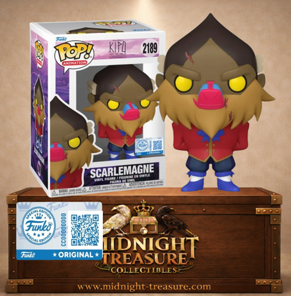 Funko Pop! Animation N°2189 – Scarlemagne – Kipo et l’Âge des animonstres. Figurine mandrill mutant avec tenue rouge et yeux jaunes.