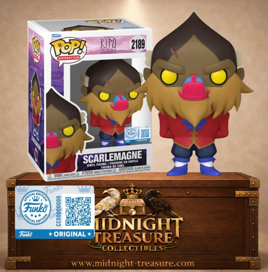 Funko Pop! Animation N°2189 – Scarlemagne – Kipo et l’Âge des animonstres. Figurine mandrill mutant avec tenue rouge et yeux jaunes.