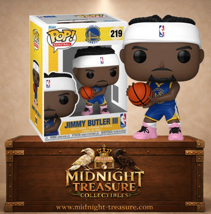 Funko Pop! Basketball N°219 – Jimmy Butler – Golden State Warriors. Figurine avec ballon, bandeau blanc et tenue NBA.
