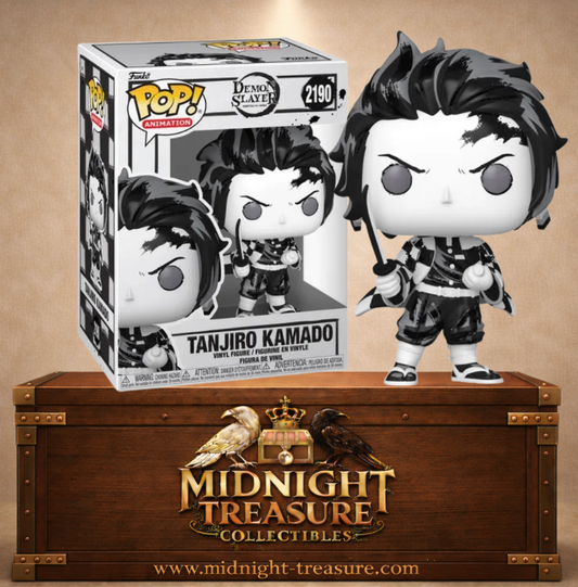 Funko Pop! Demon Slayer N°2190 – Tanjiro Kamado version Sumi-Ink noir et blanc inspirée de l’art japonais à l’encre.