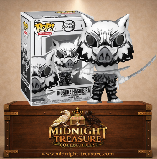 Funko Pop! Demon Slayer N°2193 – Inosuke Hashibira version Sumi-Ink noir et blanc avec masque de sanglier et doubles lames. Une figurine fidèle parfaite pour les fans de Demon Slayer.