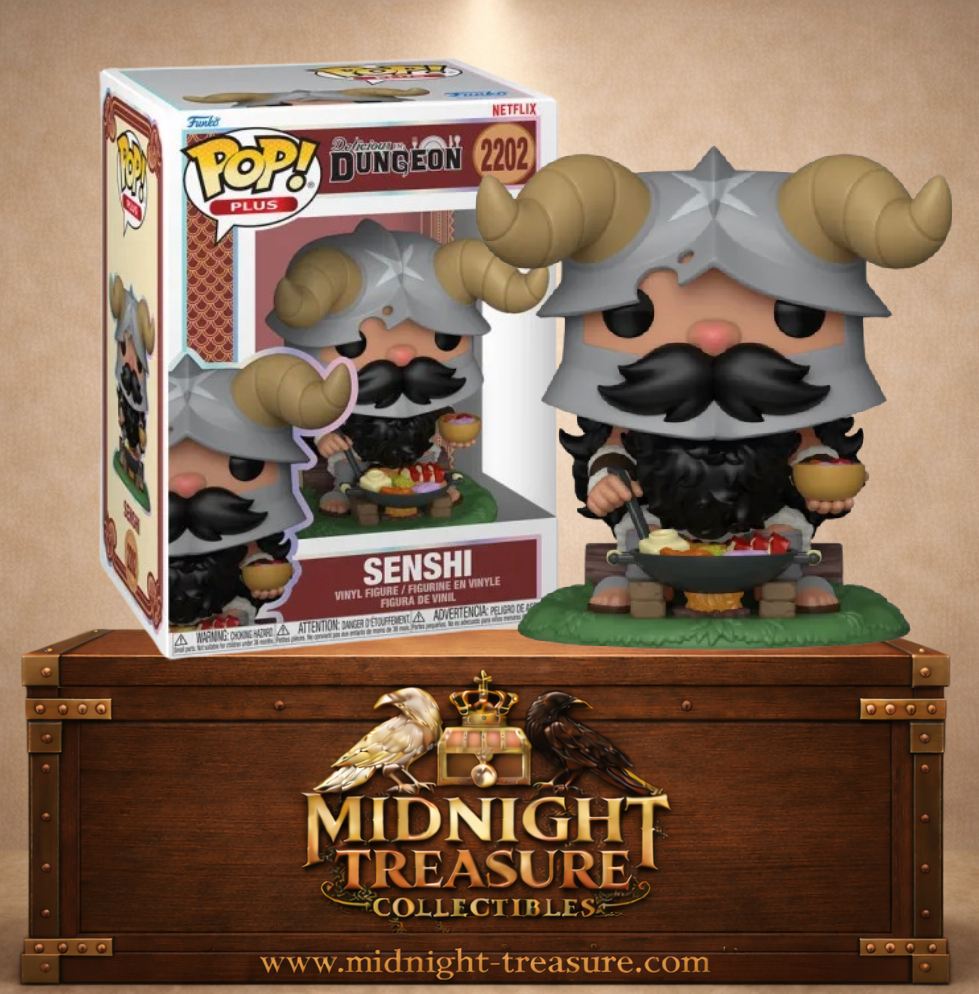 Funko Pop! Plus N°2202 – Senshi – Delicious in Dungeon. Figurine Senshi cuisinant un repas dans une poêle avec feu de camp.