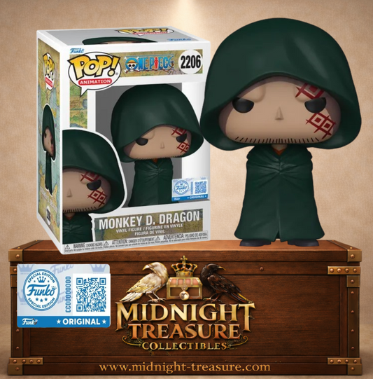 Funko Pop! One Piece N°2206 – Monkey D. Dragon avec cape verte et tatouages rouges emblématiques.