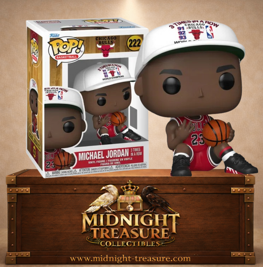 Funko Pop! NBA N°222 – Michael Jordan assis avec ballon et casquette Three-Peat des Chicago Bulls.