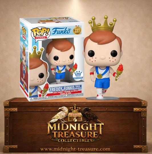 Funko Pop! N°223 Freddy Funko Torch Bearer en tenue sportive avec couronne dorée, médaille et torche enflammée, édition Funko Exclusive.