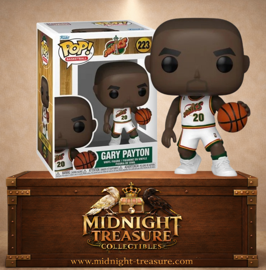 Funko Pop! Basketball N°223 – Gary Payton – Seattle SuperSonics. Figurine avec ballon en tenue NBA blanche.