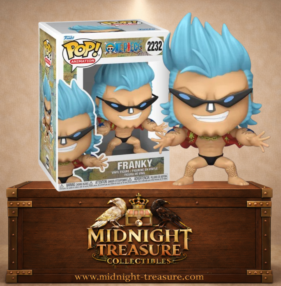 Funko Pop! Animation N°2232 – Franky avec lunettes de soleil – One Piece. Figurine cyborg avec cheveux bleus et posture dynamique.