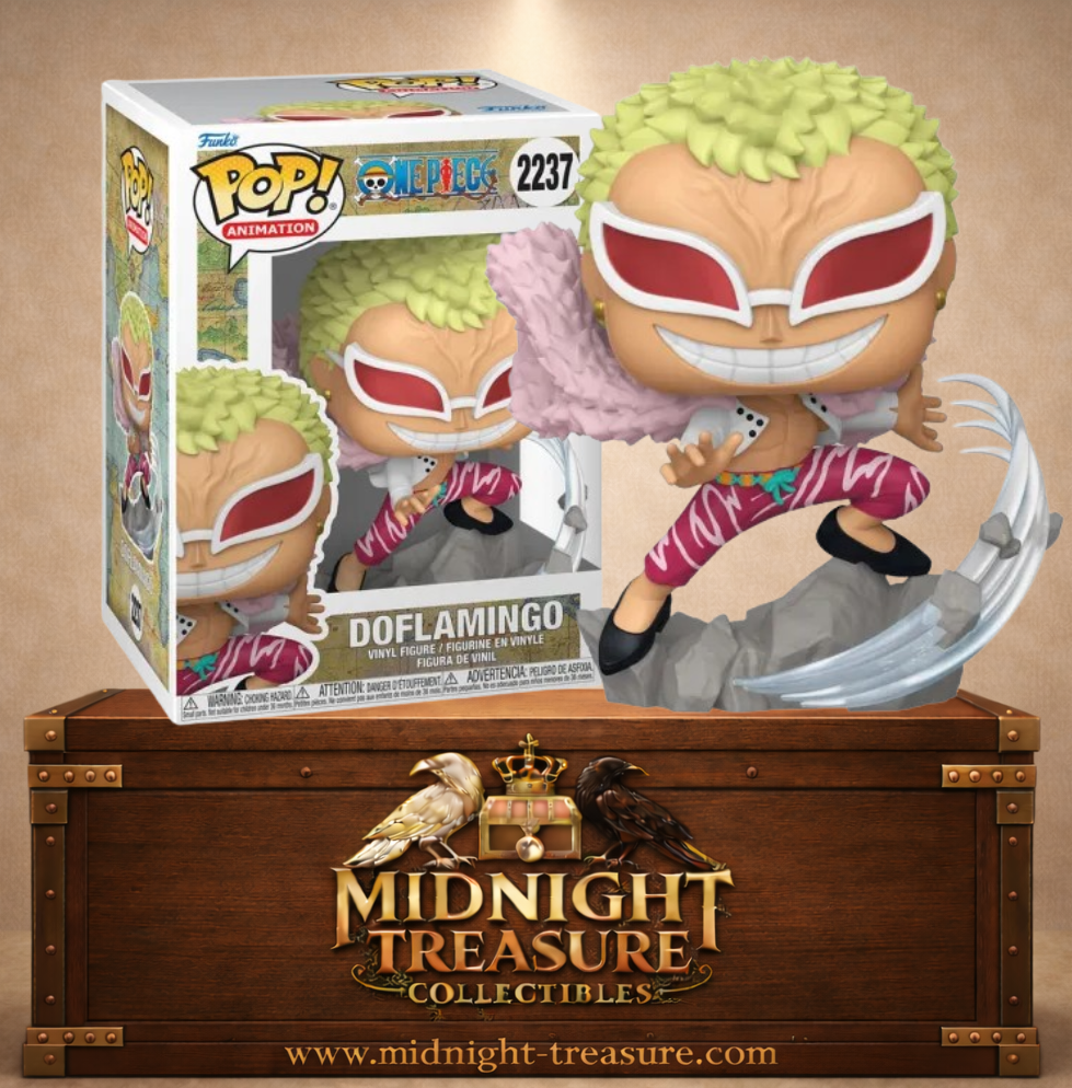 Funko Pop! Animation N°2237 – Donquixote Doflamingo avec son manteau de plumes roses et ses fils du Ito Ito no Mi inspiré de One Piece.