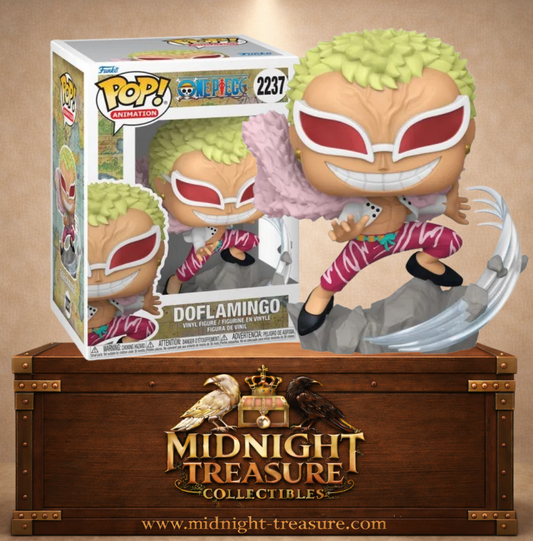 Funko Pop! Animation N°2237 – Donquixote Doflamingo avec son manteau de plumes roses et ses fils du Ito Ito no Mi inspiré de One Piece.