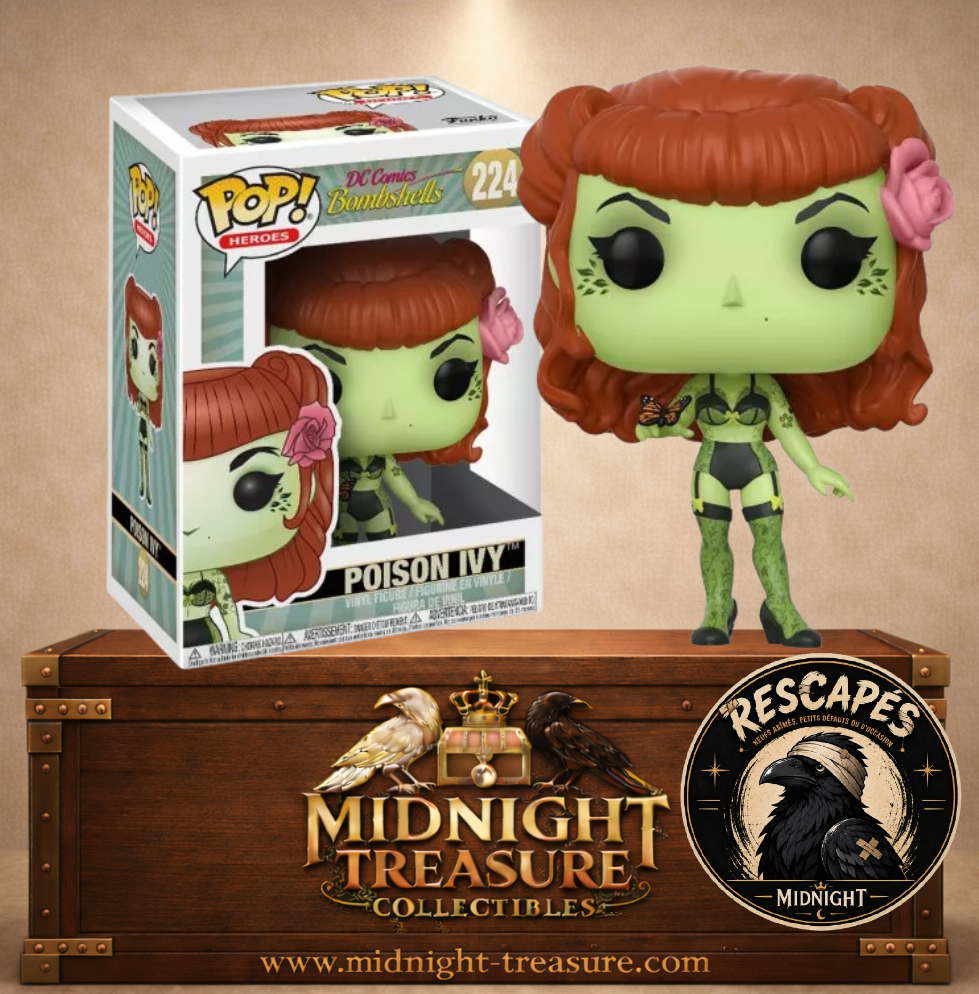 Funko Pop! Heroes N°224 – Poison Ivy de DC Comics Bombshells avec peau verte, cheveux roux, rose dans les cheveux et papillon monarque.