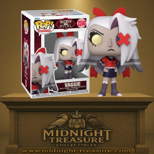 Funko Pop! Animation – Vaggie (N°2240). Personnage de Hazbin Hotel avec œil marqué d’une croix rouge et ailes stylisées.