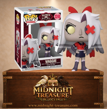 Funko Pop! Animation N°2240 Vaggie de Hazbin Hotel avec cheveux blancs, nœud rouge et cache-œil marqué d’un X.