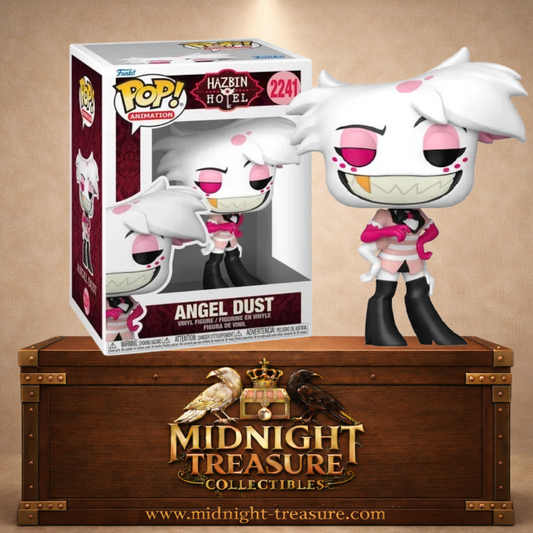 Funko Pop! Animation – Angel Dust (N°2241). Démon aux cheveux blancs et tenue rose issu de Hazbin Hotel.