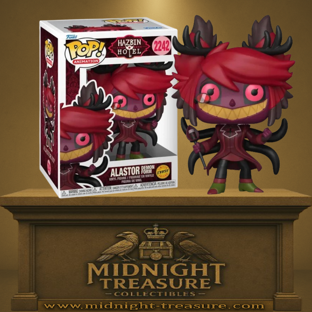 Funko Pop! Animation – Alastor (Demon Form / Forme Démon) Chase (N°2242). Version démon sombre avec bois noirs et sticker Chase, issue de Hazbin Hotel.