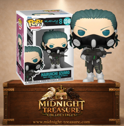 Funko Pop! Animation N°2246 – Haruichi Izumo – Kaiju No. 8. Figurine Haruichi Izumo avec masque tactique et fusil anti-kaiju.