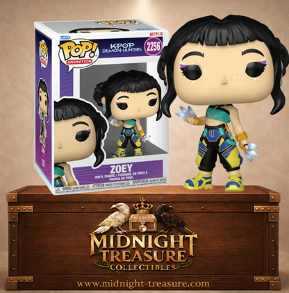 Funko Pop! Animation N°2256 – Zoey – KPop Demon Hunters. Figurine avec lames translucides et tenue verte et noire.