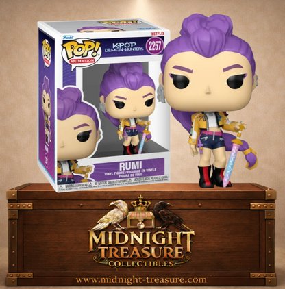 Funko Pop! Animation N°2257 – Rumi – KPop Demon Hunters. Figurine avec cheveux violets et arme stylisée.