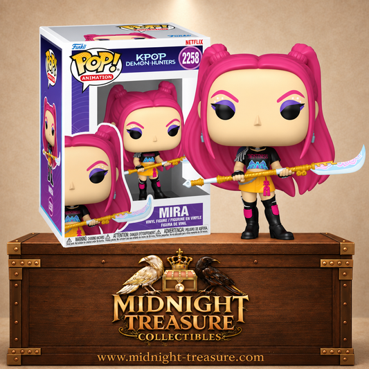 Funko Pop! Animation N°2258 Mira de KPop Demon Hunters dans sa tenue How It’s Done avec cheveux roses et grande arme de chasseuse de démons.