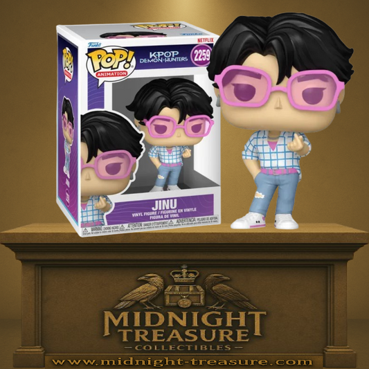 Funko Pop! Animation – Jinu (N°2259). Idol masculin de KPop Demon Hunters avec lunettes roses et geste cœur des doigts.