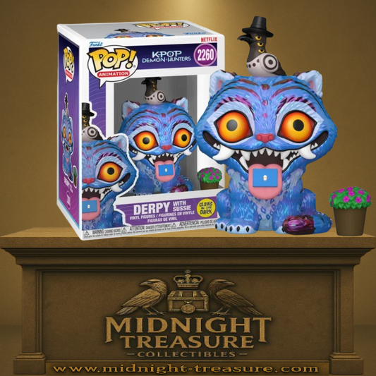 Funko Pop! Animation – Derpy with Sussie (Derpy avec Sussie) (N°2260). Créature bleue aux yeux lumineux avec oiseau Sussie, version Glow in the Dark de KPop Demon Hunters.