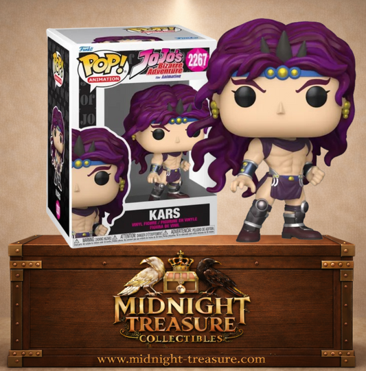 Funko Pop! JoJo’s Bizarre Adventure N°2267 – Kars avec cheveux violets et tenue Battle Tendency. Une figurine fidèle parfaite pour les fans de JoJo.