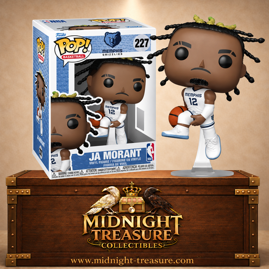 Funko Pop! Basketball N°227 Ja Morant en maillot blanc N°12 des Memphis Grizzlies, ballon en main dans une pose aérienne.