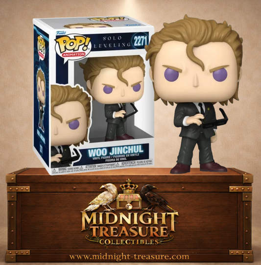 Funko Pop! Solo Leveling N°2271 – Woo Jinchul en costume noir avec lunettes et regard violet. Une figurine fidèle parfaite pour les fans de Solo Leveling.