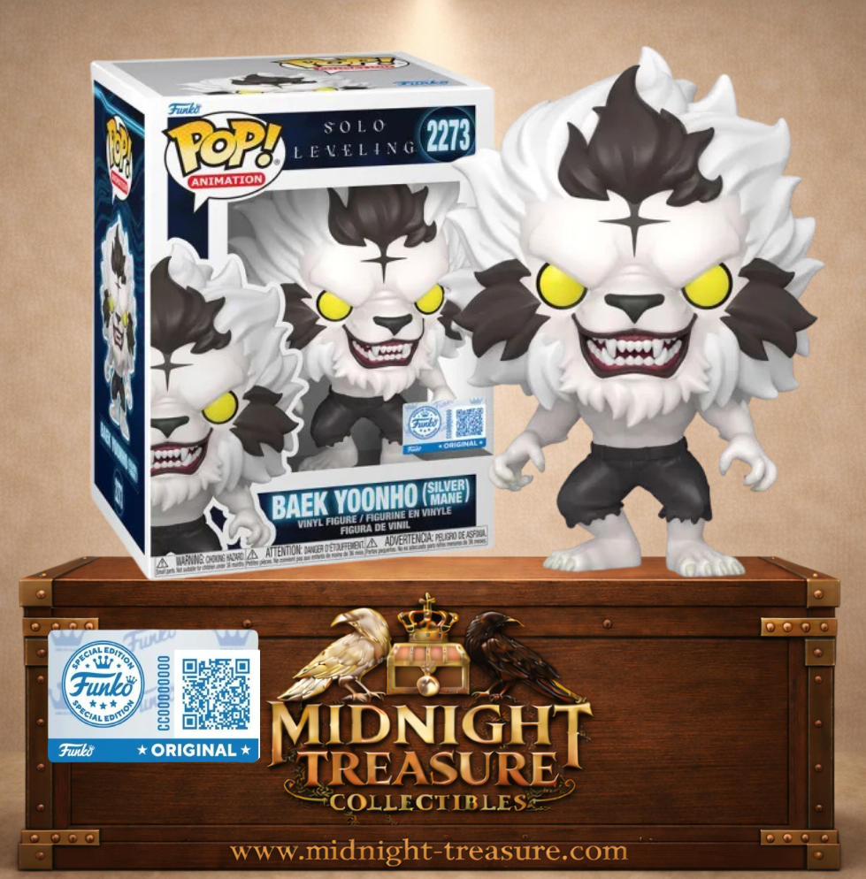 Funko Pop! Animation N°2273 – Baek Yoonho Silver Mane de Solo Leveling, transformé en bête blanche avec yeux jaunes, crocs et sticker Funko Original.