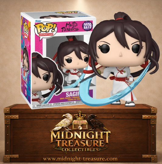 Funko Pop! Animation N°2279 – Sagiri – Hell’s Paradise. Figurine avec katana et effet de lame bleue en mouvement.