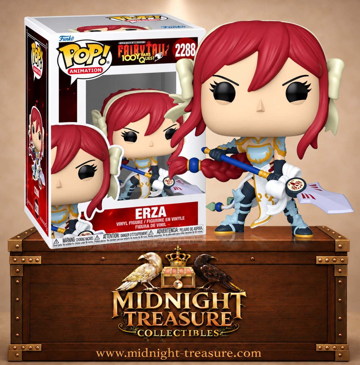 Funko Pop! Animation N°2288 Erza Scarlet de Fairy Tail: 100 Years Quest avec cheveux rouges, armure blanche et dorée et arme de combat.
