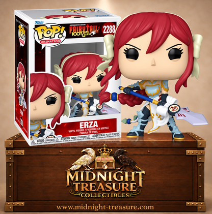 Funko Pop! Animation N°2288 Erza Scarlet de Fairy Tail: 100 Years Quest avec cheveux rouges, armure blanche et dorée et arme de combat.