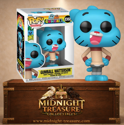 Funko Pop! Animation N°2302 – Gumball Watterson avec son sourire caractéristique inspiré de la série Le Monde Incroyable de Gumball.