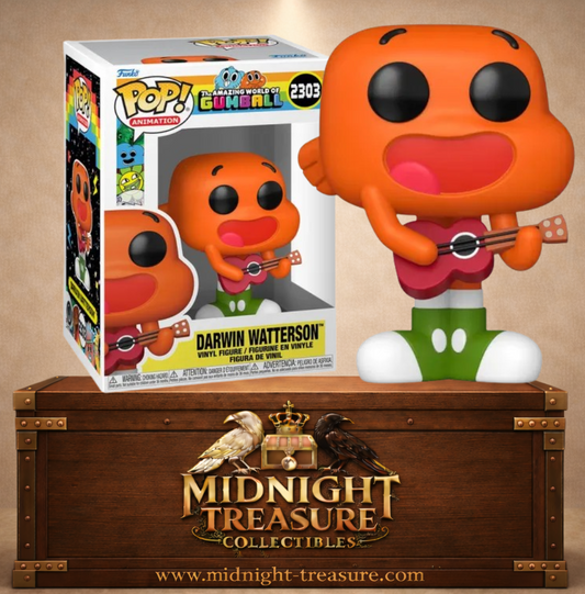 Funko Pop! Animation N°2303 – Darwin Watterson jouant de l'ukulélé rose inspiré du Monde Incroyable de Gumball.