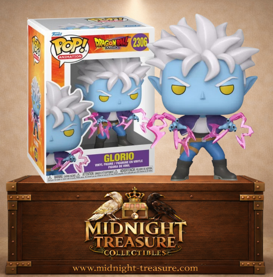 Funko Pop! Animation N°2306 – Glorio avec des effets d'énergie violets, inspiré de Dragon Ball DAIMA.