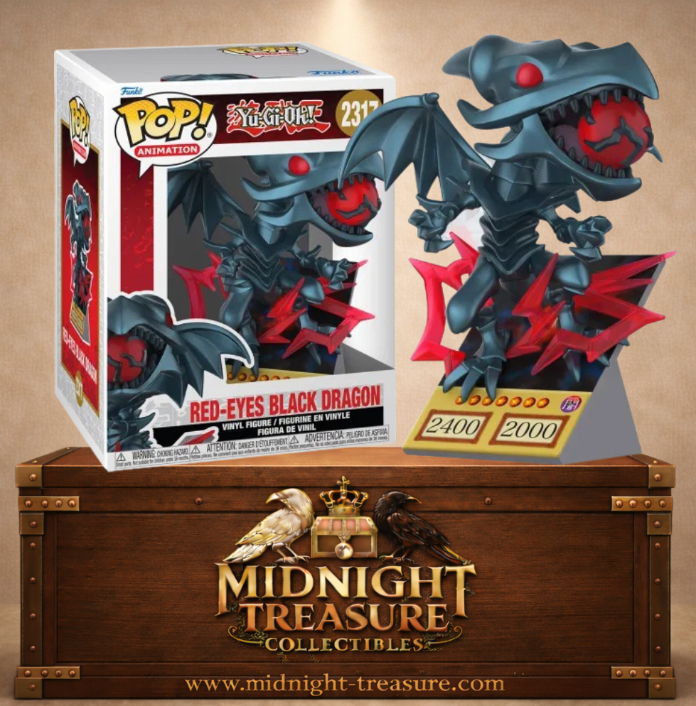 Funko Pop! Yu-Gi-Oh! N°2317 – Dragon Noir aux Yeux Rouges avec effets d’énergie rouge et socle affichant 2400 ATK et 2000 DEF inspiré du célèbre monstre de Joey Wheeler.