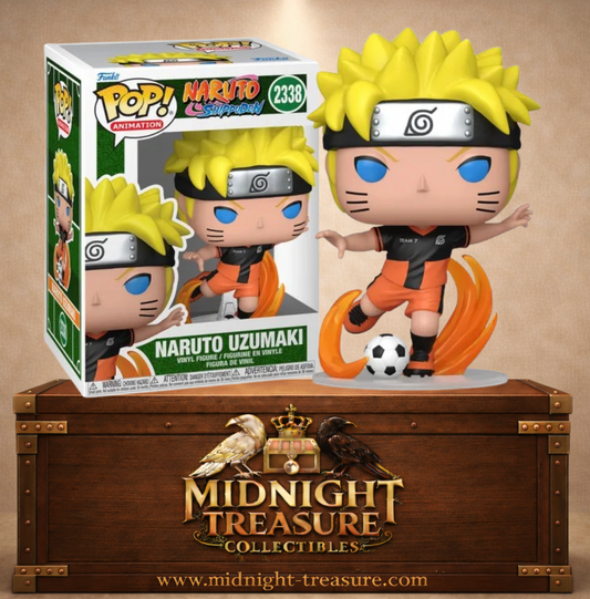 Funko Pop! Animation N°2338 â Naruto Uzumaki (Soccer) en tenue de football avec un effet de chakra orange, inspirĂ© de Naruto Shippuden.