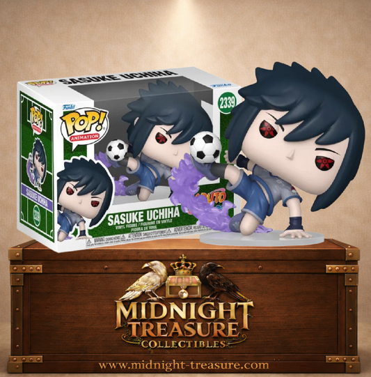Funko Pop! Animation N°2339 â Sasuke Uchiha (Soccer) avec son Sharingan et un effet de chakra violet inspirĂ© du Susanoo, issu de Naruto Shippuden.