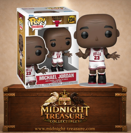 Funko Pop! Basketball N°234 Michael Jordan The Shrug avec maillot blanc N°23 des Chicago Bulls, inspirée des Finales NBA 1992.