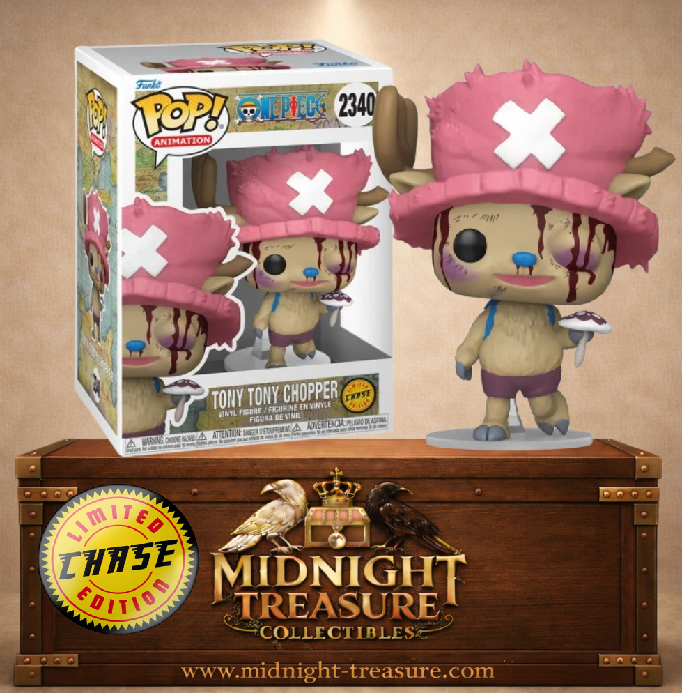 Funko Pop! Animation N°2340 – Tony Tony Chopper Chase tenant le champignon Amiudake, avec son visage blessé, inspiré de One Piece.