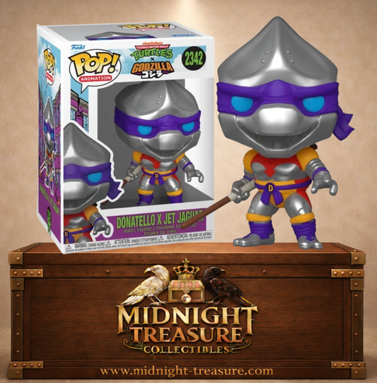 Funko Pop! Animation N°2342 – Donatello x Jet Jaguar portant une armure métallique inspirée du robot Jet Jaguar dans le crossover TMNT x Godzilla.